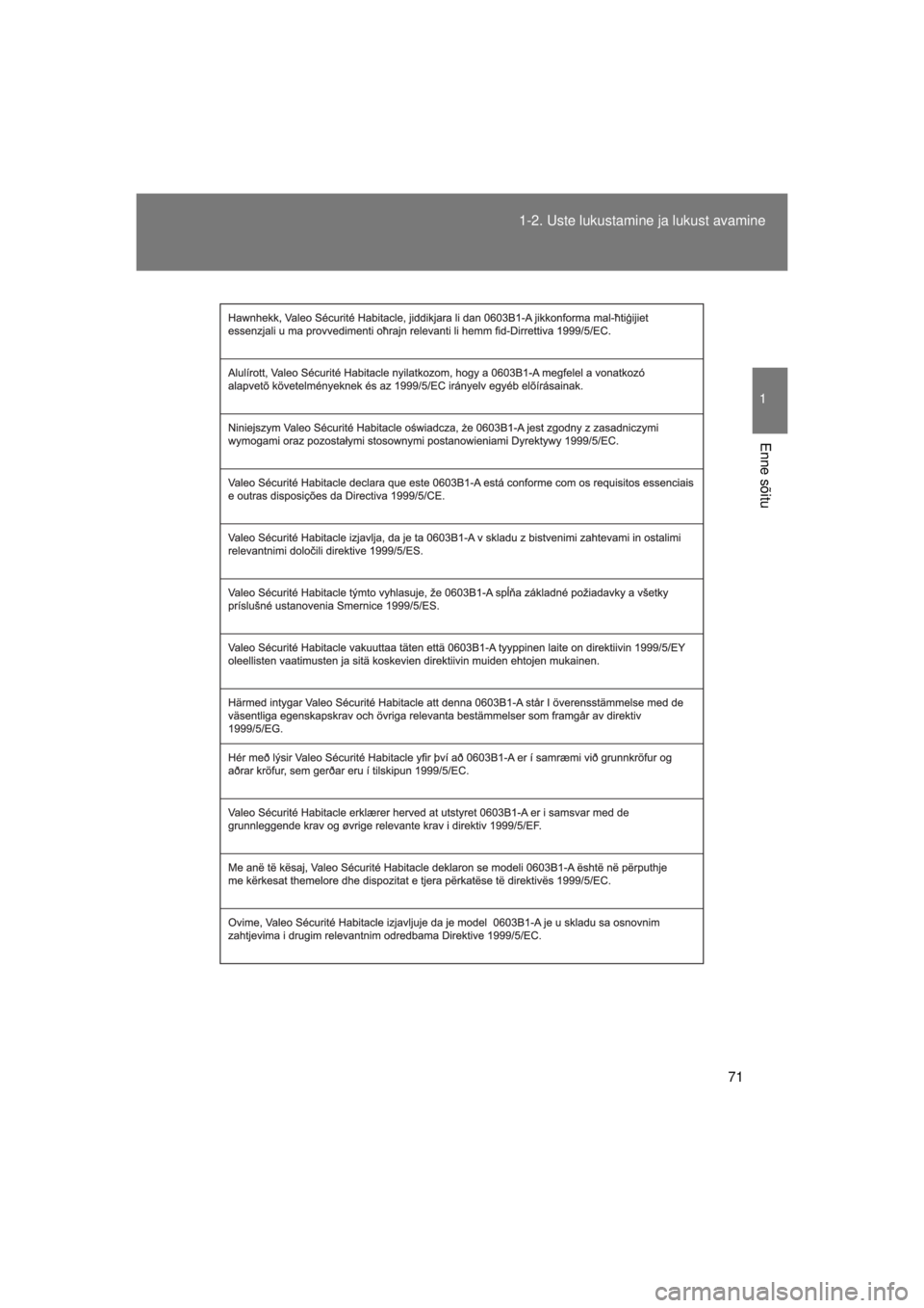 TOYOTA AVENSIS 2015  Kasutusjuhend (in Estonian) 71
1-2. Uste lukustamine ja lukust avamine
1
Enne sõitu
AVENSIS_OM_OM20B99E_(EE)
AVENSIS_OM_OM20B99E_(EE).book  Page 
71  Monday, January 20, 2014  1:34 AM 
