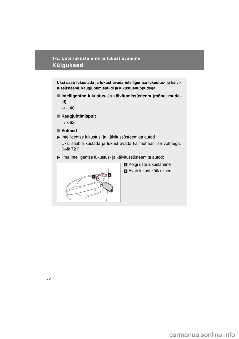 TOYOTA AVENSIS 2015  Kasutusjuhend (in Estonian) 72
1-2. Uste lukustamine ja lukust avamine
AVENSIS_OM_OM20B99E_(EE)
Külguksed
Uksi saab lukustada ja lukust avada intelligentse lukustus- ja käivi-
tussüsteemi, kaugjuhtimispuldi ja lukustusnuppude