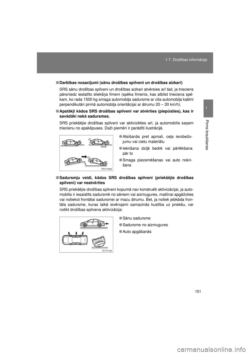 TOYOTA AVENSIS 2015 Lietošanas Instrukcija (in Latvian) 151
1-7. Drošī
bas inform ācija
1
Pirms braukšanas
AVENSIS_OM_OM20B99E_(EE)
■ Darbības nosac ījumi (sānu droš ības spilveni un droš ības aizkari)
SRS s ānu drošības spilveni un droš TOYOTA AVENSIS 2015 Lietošanas Instrukcija (in Latvian) 151
1-7. Drošī
bas inform ācija
1
Pirms braukšanas
AVENSIS_OM_OM20B99E_(EE)
■ Darbības nosac ījumi (sānu droš ības spilveni un droš ības aizkari)
SRS s ānu drošības spilveni un droš