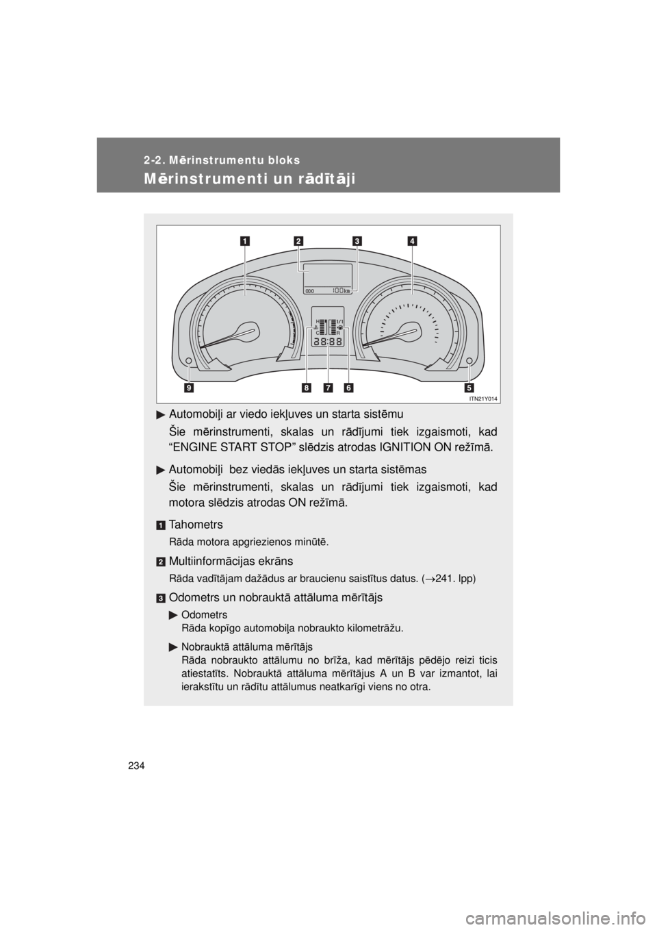 TOYOTA AVENSIS 2015 Lietošanas Instrukcija (in Latvian) 234
AVENSIS_OM_OM20B99E_(EE)
2-2. Mērinstrumentu bloks
Mērinstrumenti un r ādītāji
Automobi ļi ar viedo iek ļuves un starta sist ēmu
Šie m ērinstrumenti, skalas un rā dījumi tiek izgaismot TOYOTA AVENSIS 2015 Lietošanas Instrukcija (in Latvian) 234
AVENSIS_OM_OM20B99E_(EE)
2-2. Mērinstrumentu bloks
Mērinstrumenti un r ādītāji
Automobi ļi ar viedo iek ļuves un starta sist ēmu
Šie m ērinstrumenti, skalas un rā dījumi tiek izgaismot