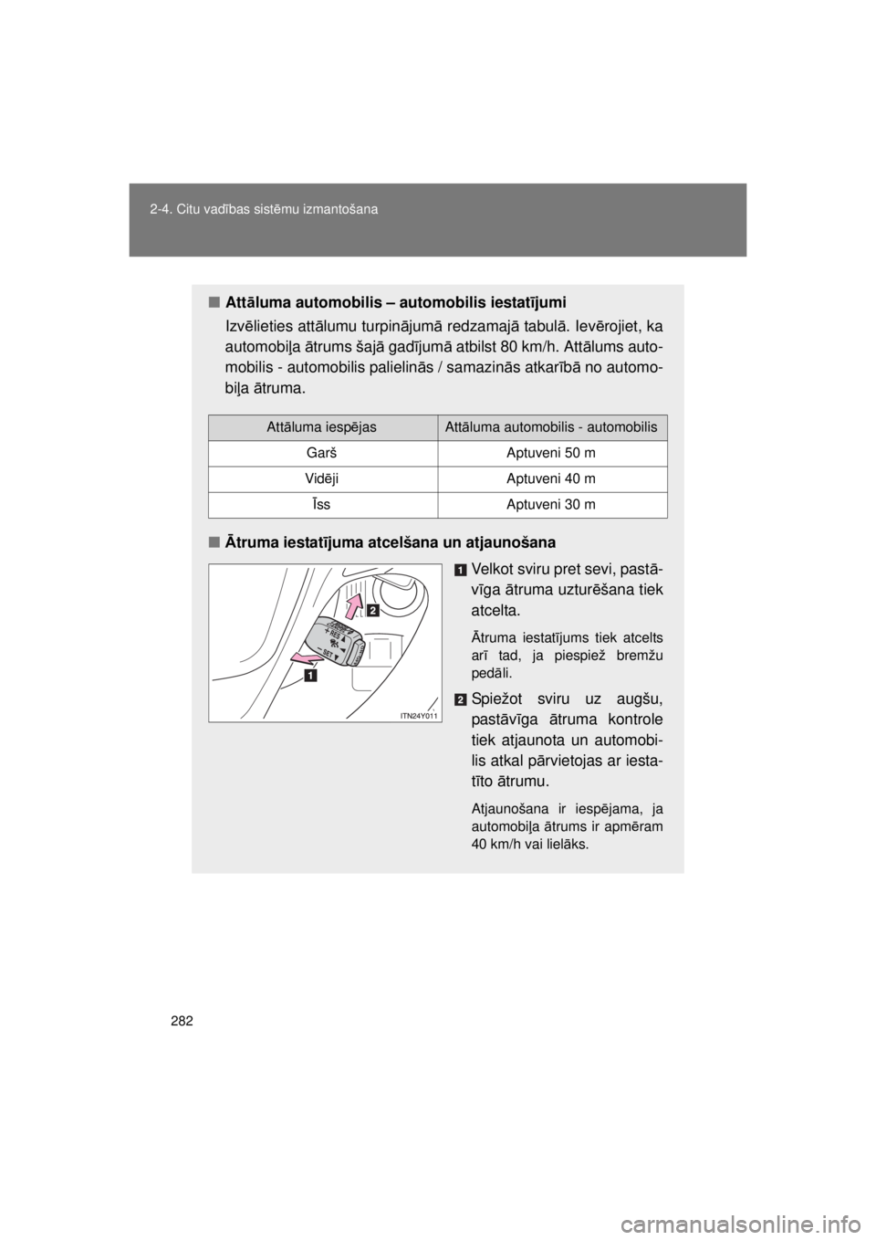 TOYOTA AVENSIS 2015 Lietošanas Instrukcija (in Latvian) 282
2-4. Citu vad
ības sistē mu izmantošana
AVENSIS_OM_OM20B99E_(EE)
■Att āluma automobilis – automobilis iestat ījumi
Izvē lieties att ālumu turpin ājum ā redzamaj ā tabul ā. Ievē roj TOYOTA AVENSIS 2015 Lietošanas Instrukcija (in Latvian) 282
2-4. Citu vad
ības sistē mu izmantošana
AVENSIS_OM_OM20B99E_(EE)
■Att āluma automobilis – automobilis iestat ījumi
Izvē lieties att ālumu turpin ājum ā redzamaj ā tabul ā. Ievē roj