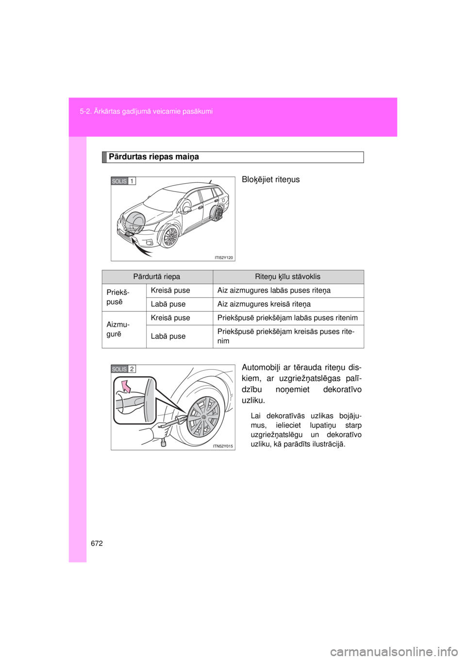TOYOTA AVENSIS 2015 Lietošanas Instrukcija (in Latvian) 672
5-2.
Ārkārtas gad ījum ā veicamie pas ākumi
AVENSIS_OM_OM20B99E_(EE)
P ārdurtas riepas mai ņa
Bloķējiet rite ņus
Automobi ļi ar t ērauda rite ņu dis-
kiem, ar uzgriež ņatsl ēgas p TOYOTA AVENSIS 2015 Lietošanas Instrukcija (in Latvian) 672
5-2.
Ārkārtas gad ījum ā veicamie pas ākumi
AVENSIS_OM_OM20B99E_(EE)
P ārdurtas riepas mai ņa
Bloķējiet rite ņus
Automobi ļi ar t ērauda rite ņu dis-
kiem, ar uzgriež ņatsl ēgas p