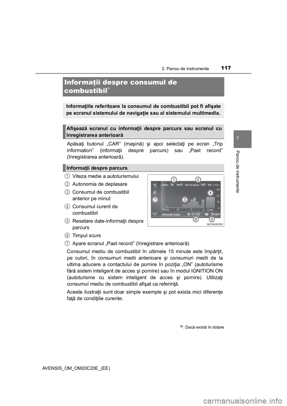 TOYOTA AVENSIS 2016 Manual de utilizare (in Romanian) 117
2
2. Panou de instrumente
Panou de instrumente
AVENSIS_OM_OM20C20E_(EE)
Infor maţii despre consumul de
combustibil
∗
Apăsaţi butonul „CAR” (maşină) şi apoi selectaţi pe ecran „Trip TOYOTA AVENSIS 2016 Manual de utilizare (in Romanian) 117
2
2. Panou de instrumente
Panou de instrumente
AVENSIS_OM_OM20C20E_(EE)
Infor maţii despre consumul de
combustibil
∗
Apăsaţi butonul „CAR” (maşină) şi apoi selectaţi pe ecran „Trip