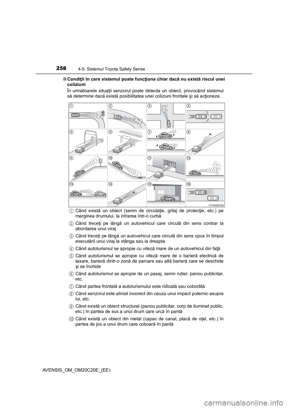 TOYOTA AVENSIS 2016 Manual de utilizare (in Romanian) 2584-5. Sistemul Toyota Safety Sense
AVENSIS_OM_OM20C20E_(EE)■Condiţii în care sistemul poate funcţiona chiar dacă nu există riscul unei
coliziuni
În următoarele situaţii senzorul poate dete TOYOTA AVENSIS 2016 Manual de utilizare (in Romanian) 2584-5. Sistemul Toyota Safety Sense
AVENSIS_OM_OM20C20E_(EE)■Condiţii în care sistemul poate funcţiona chiar dacă nu există riscul unei
coliziuni
În următoarele situaţii senzorul poate dete
