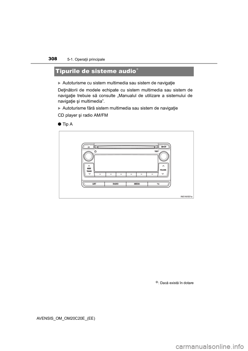 TOYOTA AVENSIS 2016 Manual de utilizare (in Romanian) 3085-1. Operaţii principale
AVENSIS_OM_OM20C20E_(EE)
Tipurile de sisteme audio∗
Autoturisme cu sistem multimedia sau sistem de navigaţie
Deţinătorii de modele echipate cu sistem multimedia sa TOYOTA AVENSIS 2016 Manual de utilizare (in Romanian) 3085-1. Operaţii principale
AVENSIS_OM_OM20C20E_(EE)
Tipurile de sisteme audio∗
Autoturisme cu sistem multimedia sau sistem de navigaţie
Deţinătorii de modele echipate cu sistem multimedia sa