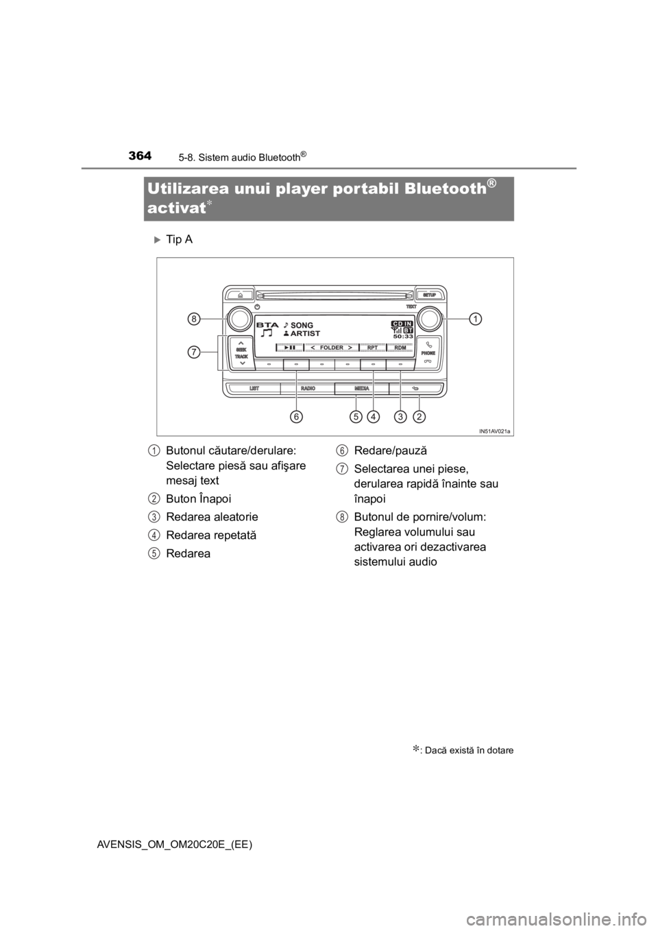 TOYOTA AVENSIS 2016 Manual de utilizare (in Romanian) 3645-8. Sistem audio Bluetooth®
AVENSIS_OM_OM20C20E_(EE)
Utilizarea unui player portabil Bluetooth®
activat
∗
Tip A
∗: Dacă există în dotare
Butonul căutare/derulare:
Selectare piesă s TOYOTA AVENSIS 2016 Manual de utilizare (in Romanian) 3645-8. Sistem audio Bluetooth®
AVENSIS_OM_OM20C20E_(EE)
Utilizarea unui player portabil Bluetooth®
activat
∗
Tip A
∗: Dacă există în dotare
Butonul căutare/derulare:
Selectare piesă s