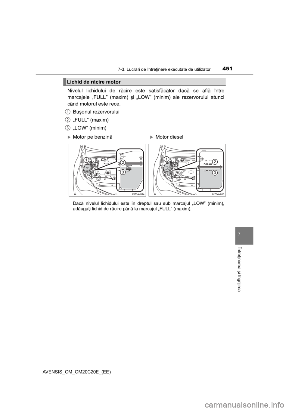 TOYOTA AVENSIS 2016 Manual de utilizare (in Romanian) 4517-3. Lucrări de întreţinere executate de utilizator
AVENSIS_OM_OM20C20E_(EE)
7
Întreţinerea şi îngrijirea
Nivelul lichidului de răcire este satisfăcător dacă se află între
marcajele TOYOTA AVENSIS 2016 Manual de utilizare (in Romanian) 4517-3. Lucrări de întreţinere executate de utilizator
AVENSIS_OM_OM20C20E_(EE)
7
Întreţinerea şi îngrijirea
Nivelul lichidului de răcire este satisfăcător dacă se află între
marcajele
