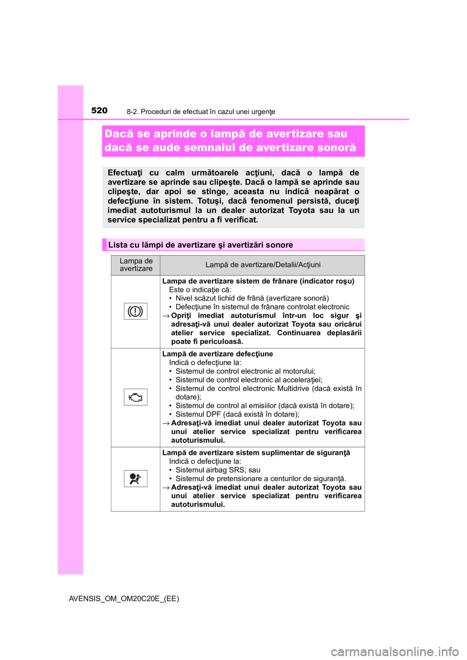 TOYOTA AVENSIS 2016 Manual de utilizare (in Romanian) 5208-2. Proceduri de efectuat în cazul unei urgenţe
AVENSIS_OM_OM20C20E_(EE)
Dacă se aprinde o lampă de aver tizare sau
dacă se aude semnalul de avertizare sonoră
Efectuaţi cu calm următoarel TOYOTA AVENSIS 2016 Manual de utilizare (in Romanian) 5208-2. Proceduri de efectuat în cazul unei urgenţe
AVENSIS_OM_OM20C20E_(EE)
Dacă se aprinde o lampă de aver tizare sau
dacă se aude semnalul de avertizare sonoră
Efectuaţi cu calm următoarel