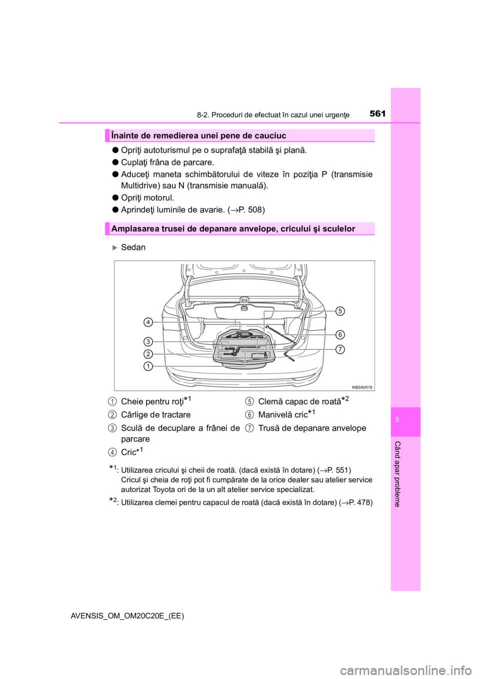 TOYOTA AVENSIS 2016 Manual de utilizare (in Romanian) 5618-2. Proceduri de efectuat în cazul unei urgenţe
AVENSIS_OM_OM20C20E_(EE)
8
Când apar probleme
●Opriţi autoturismul pe o suprafaţă stabilă şi plană.
●Cuplaţi frâna de parcare.
●Adu TOYOTA AVENSIS 2016 Manual de utilizare (in Romanian) 5618-2. Proceduri de efectuat în cazul unei urgenţe
AVENSIS_OM_OM20C20E_(EE)
8
Când apar probleme
●Opriţi autoturismul pe o suprafaţă stabilă şi plană.
●Cuplaţi frâna de parcare.
●Adu