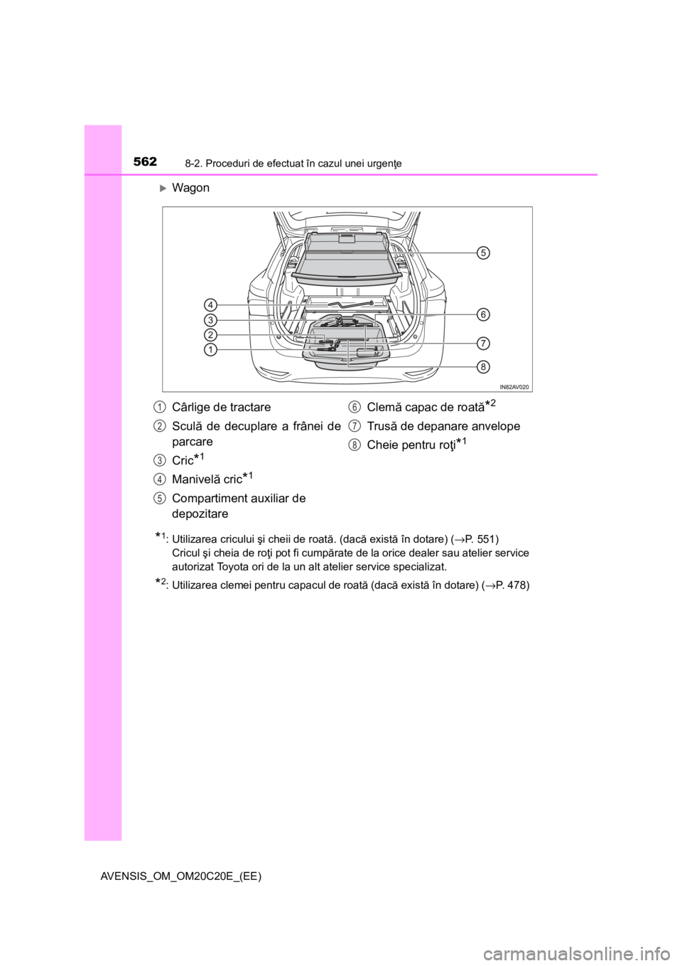 TOYOTA AVENSIS 2016 Manual de utilizare (in Romanian) 5628-2. Proceduri de efectuat în cazul unei urgenţe
AVENSIS_OM_OM20C20E_(EE)
Wagon
*1: Utilizarea cricului şi cheii de roată. (dacă există în dotare) (→P. 551)
Cricul şi cheia de roţi po TOYOTA AVENSIS 2016 Manual de utilizare (in Romanian) 5628-2. Proceduri de efectuat în cazul unei urgenţe
AVENSIS_OM_OM20C20E_(EE)
Wagon
*1: Utilizarea cricului şi cheii de roată. (dacă există în dotare) (→P. 551)
Cricul şi cheia de roţi po