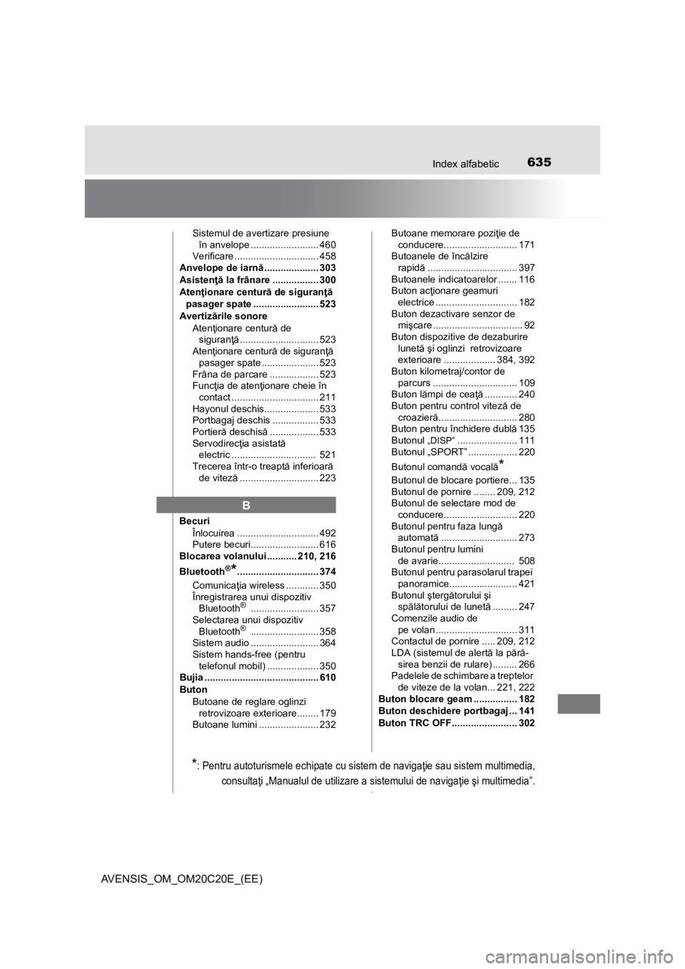 TOYOTA AVENSIS 2016 Manual de utilizare (in Romanian) 635Index alfabetic
AVENSIS_OM_OM20C20E_(EE)
Sistemul de avertizare presiune
în anvelope ......................... 460
Verificare ............................... 458
Anvelope de iarnă............... TOYOTA AVENSIS 2016 Manual de utilizare (in Romanian) 635Index alfabetic
AVENSIS_OM_OM20C20E_(EE)
Sistemul de avertizare presiune
în anvelope ......................... 460
Verificare ............................... 458
Anvelope de iarnă...............