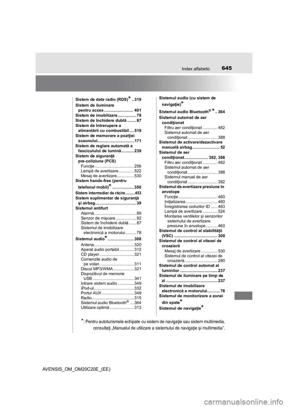 TOYOTA AVENSIS 2016 Manual de utilizare (in Romanian) 645Index alfabetic
AVENSIS_OM_OM20C20E_(EE)
Sistem de date radio (RDS)*.. 319
Sistem de iluminare
pentru acces ......................... 401
Sistem de imobilizare ................ 78
Sistem de înch TOYOTA AVENSIS 2016 Manual de utilizare (in Romanian) 645Index alfabetic
AVENSIS_OM_OM20C20E_(EE)
Sistem de date radio (RDS)*.. 319
Sistem de iluminare
pentru acces ......................... 401
Sistem de imobilizare ................ 78
Sistem de înch