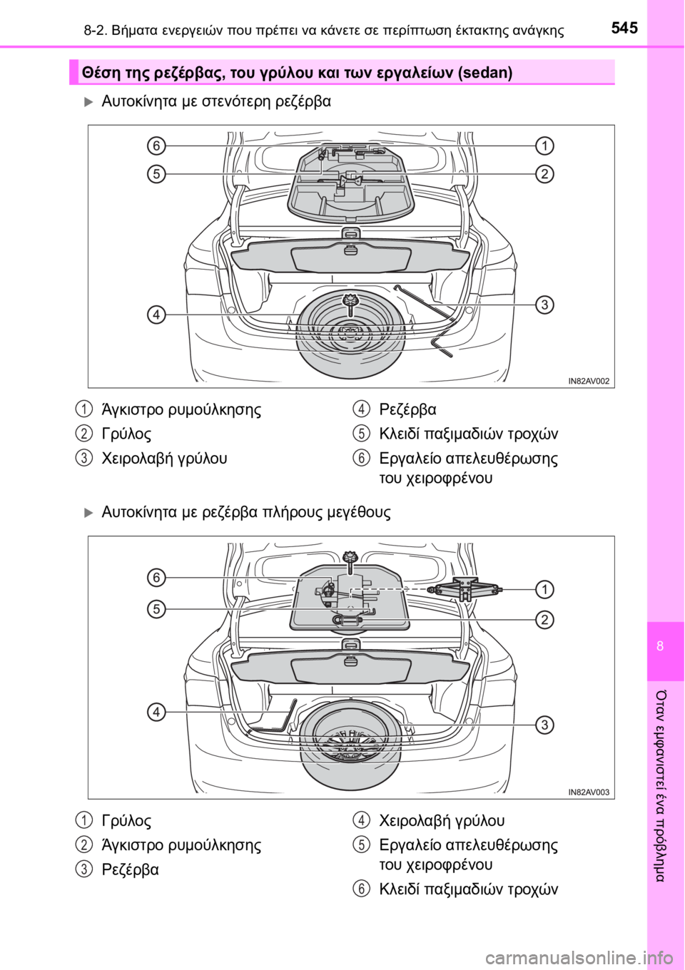 TOYOTA AVENSIS 2016 ΟΔΗΓΌΣ ΧΡΉΣΗΣ (in Greek) 5458-2. Βήματα ενεργειών που πρέπει να κάνετε σε περίπτωση έκτακτης ανάγκης
8
Όταν εμφανιστεί ένα πρόβλημα
Αυτ TOYOTA AVENSIS 2016 ΟΔΗΓΌΣ ΧΡΉΣΗΣ (in Greek) 5458-2. Βήματα ενεργειών που πρέπει να κάνετε σε περίπτωση έκτακτης ανάγκης
8
Όταν εμφανιστεί ένα πρόβλημα
Αυτ