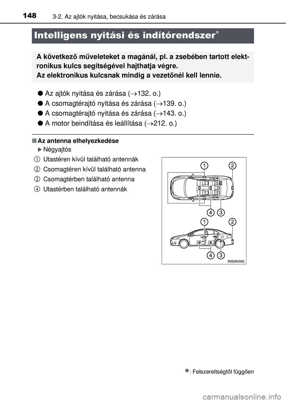 TOYOTA AVENSIS 2016 Kezelési útmutató (in Hungarian) 1483-2. Az ajtók nyitása, becsukása és zárása
Intelligens nyitási és indítórendszer
Az ajtók nyitása és zárása ( 132. o.)
A csomagtérajtó nyitása és zárása ( 139. TOYOTA AVENSIS 2016 Kezelési útmutató (in Hungarian) 1483-2. Az ajtók nyitása, becsukása és zárása
Intelligens nyitási és indítórendszer
Az ajtók nyitása és zárása ( 132. o.)
A csomagtérajtó nyitása és zárása ( 139.