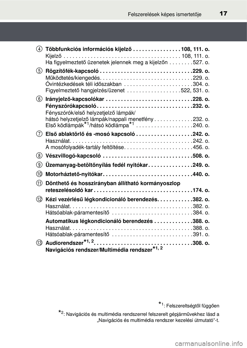 TOYOTA AVENSIS 2016  Kezelési útmutató (in Hungarian) 17Felszerelések képes ismertetője
Többfunkciós információs kijelz ő . . . . . . . . . . . . . . . . 108, 111. o.
Kijelz ő . . . . . . . . . . . . . . . . . . . . . . . . . . . . . . . . . . .