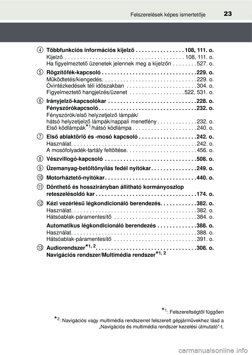 TOYOTA AVENSIS 2016  Kezelési útmutató (in Hungarian) 23Felszerelések képes ismertetője
Többfunkciós információs kijelz ő . . . . . . . . . . . . . . . . 108, 111. o.
Kijelz ő . . . . . . . . . . . . . . . . . . . . . . . . . . . . . . . . . . .