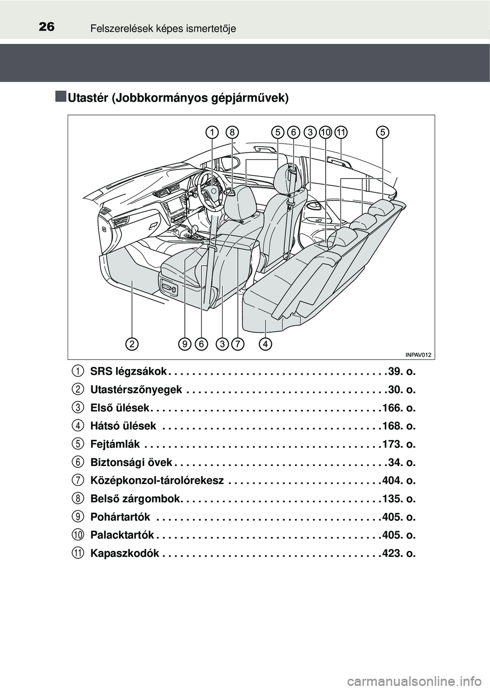 TOYOTA AVENSIS 2016  Kezelési útmutató (in Hungarian) 26Felszerelések képes ismertetője
Utastér (Jobbkormányos gépjárm űvek)
SRS légzsákok . . . . . . . . . . . . . . . . . . . . . . . . . . . . . . . . . . . . \
. 39. o.
Utastérszőnyegek 