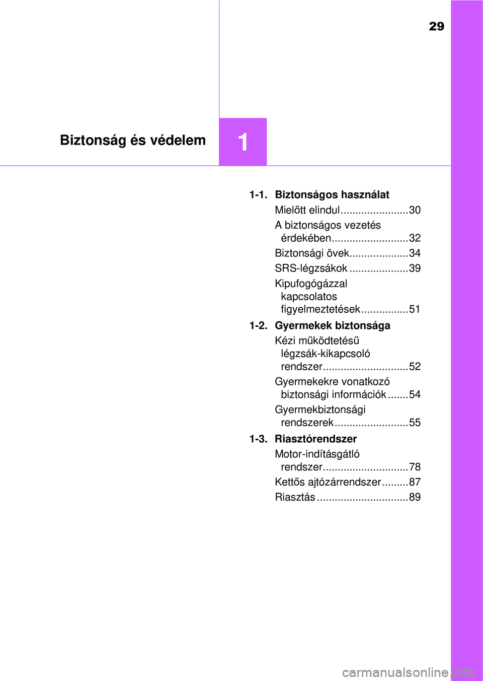 TOYOTA AVENSIS 2016  Kezelési útmutató (in Hungarian) 29
1Biztonság és védelem
1-1. Biztonságos használatMielőtt elindul ....................... 30
A biztonságos vezetés  érdekében.......................... 32
Biztonsági övek.................