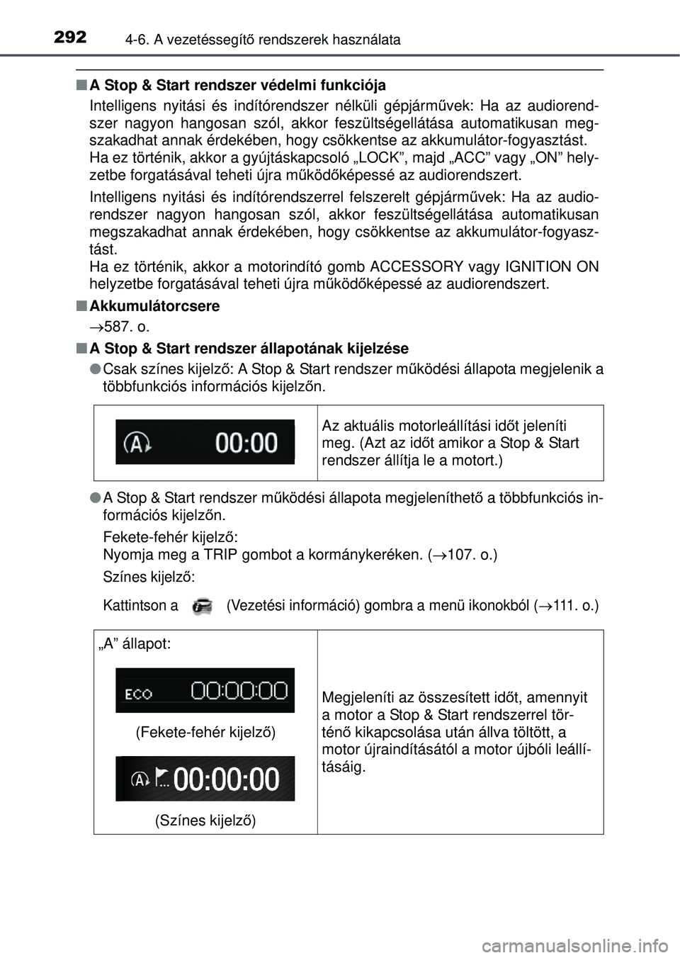 TOYOTA AVENSIS 2016 Kezelési útmutató (in Hungarian) 2924-6. A vezetéssegítő rendszerek használata
A Stop & Start rendszer védelmi funkciója
Intelligens nyitási és indítórendszer nélküli gépjárm űvek: Ha az audiorend-
szer nagyon hang TOYOTA AVENSIS 2016 Kezelési útmutató (in Hungarian) 2924-6. A vezetéssegítő rendszerek használata
A Stop & Start rendszer védelmi funkciója
Intelligens nyitási és indítórendszer nélküli gépjárm űvek: Ha az audiorend-
szer nagyon hang