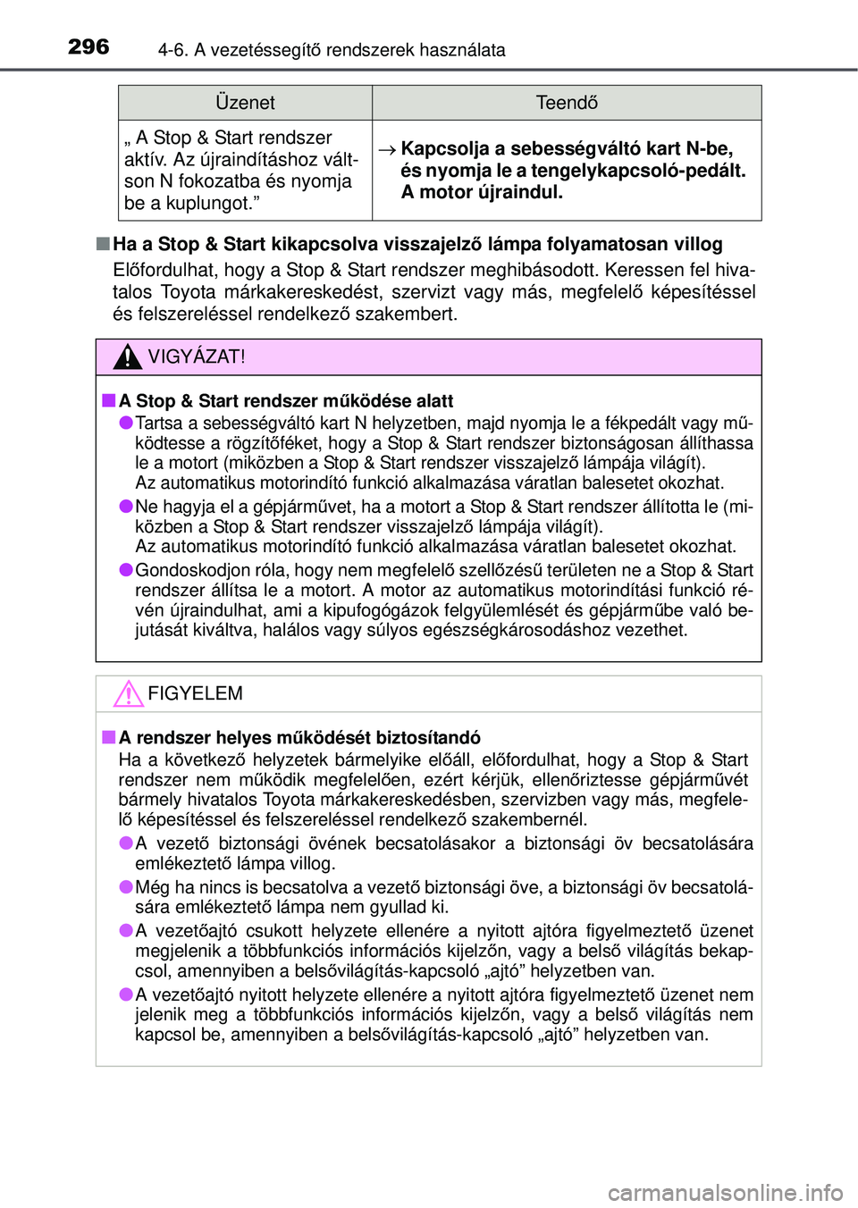 TOYOTA AVENSIS 2016 Kezelési útmutató (in Hungarian) 2964-6. A vezetéssegítő rendszerek használata
Ha a Stop & Start kikapcsolva visszajelz ő lámpa folyamatosan villog
El őfordulhat, hogy a Stop & Start rendszer meghibásodott. Keressen fel h TOYOTA AVENSIS 2016 Kezelési útmutató (in Hungarian) 2964-6. A vezetéssegítő rendszerek használata
Ha a Stop & Start kikapcsolva visszajelz ő lámpa folyamatosan villog
El őfordulhat, hogy a Stop & Start rendszer meghibásodott. Keressen fel h