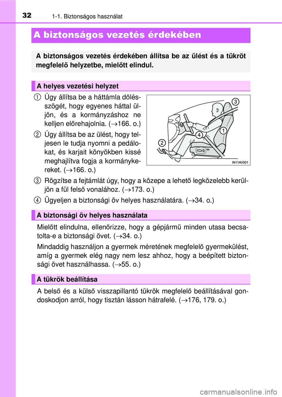 TOYOTA AVENSIS 2016  Kezelési útmutató (in Hungarian) 321-1. Biztonságos használat
A biztonságos vezetés érdekében
Úgy állítsa be a háttámla dőlés-
szögét, hogy egyenes háttal ül-
jön, és a kormányzáshoz ne
kelljen el őrehajolnia. (