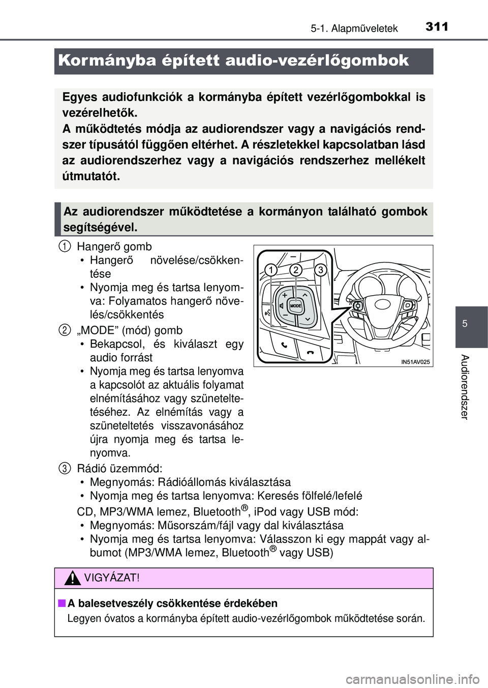TOYOTA AVENSIS 2016 Kezelési útmutató (in Hungarian) 311
5
5-1. Alapműveletek
Audiorendszer
Kor mányba épített audio-vezérl őgombok
Hangerő gomb
• Hanger ő növelése/csökken-
tése
• Nyomja meg és tartsa lenyom- va: Folyamatos hangerő n TOYOTA AVENSIS 2016 Kezelési útmutató (in Hungarian) 311
5
5-1. Alapműveletek
Audiorendszer
Kor mányba épített audio-vezérl őgombok
Hangerő gomb
• Hanger ő növelése/csökken-
tése
• Nyomja meg és tartsa lenyom- va: Folyamatos hangerő n