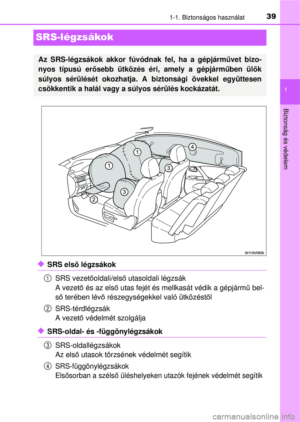 TOYOTA AVENSIS 2016  Kezelési útmutató (in Hungarian) 391-1. Biztonságos használat
1
Biztonság és védelem
SRS-légzsákok
SRS első légzsákok
SRS vezet őoldali/első  utasoldali légzsák
A vezet ő és az els ő utas fejét és mellkasát vé