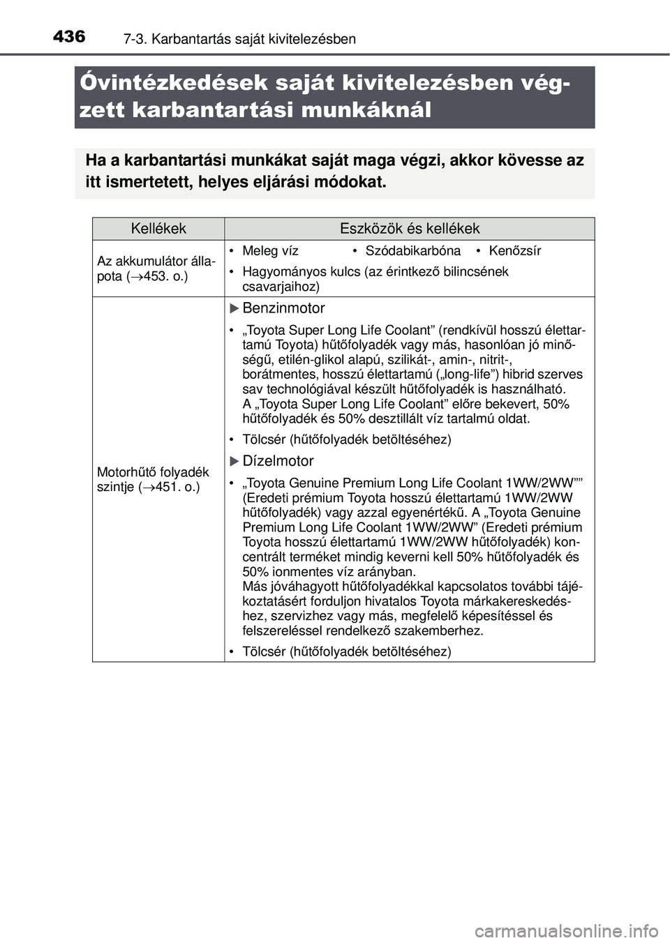 TOYOTA AVENSIS 2016 Kezelési útmutató (in Hungarian) 4367-3. Karbantartás saját kivitelezésben
Óvintézkedések saját kivitelezésben vég-
zett karbantartási munkáknál
Ha a karbantartási munkákat saját maga végzi, akkor kövesse az
itt isme TOYOTA AVENSIS 2016 Kezelési útmutató (in Hungarian) 4367-3. Karbantartás saját kivitelezésben
Óvintézkedések saját kivitelezésben vég-
zett karbantartási munkáknál
Ha a karbantartási munkákat saját maga végzi, akkor kövesse az
itt isme