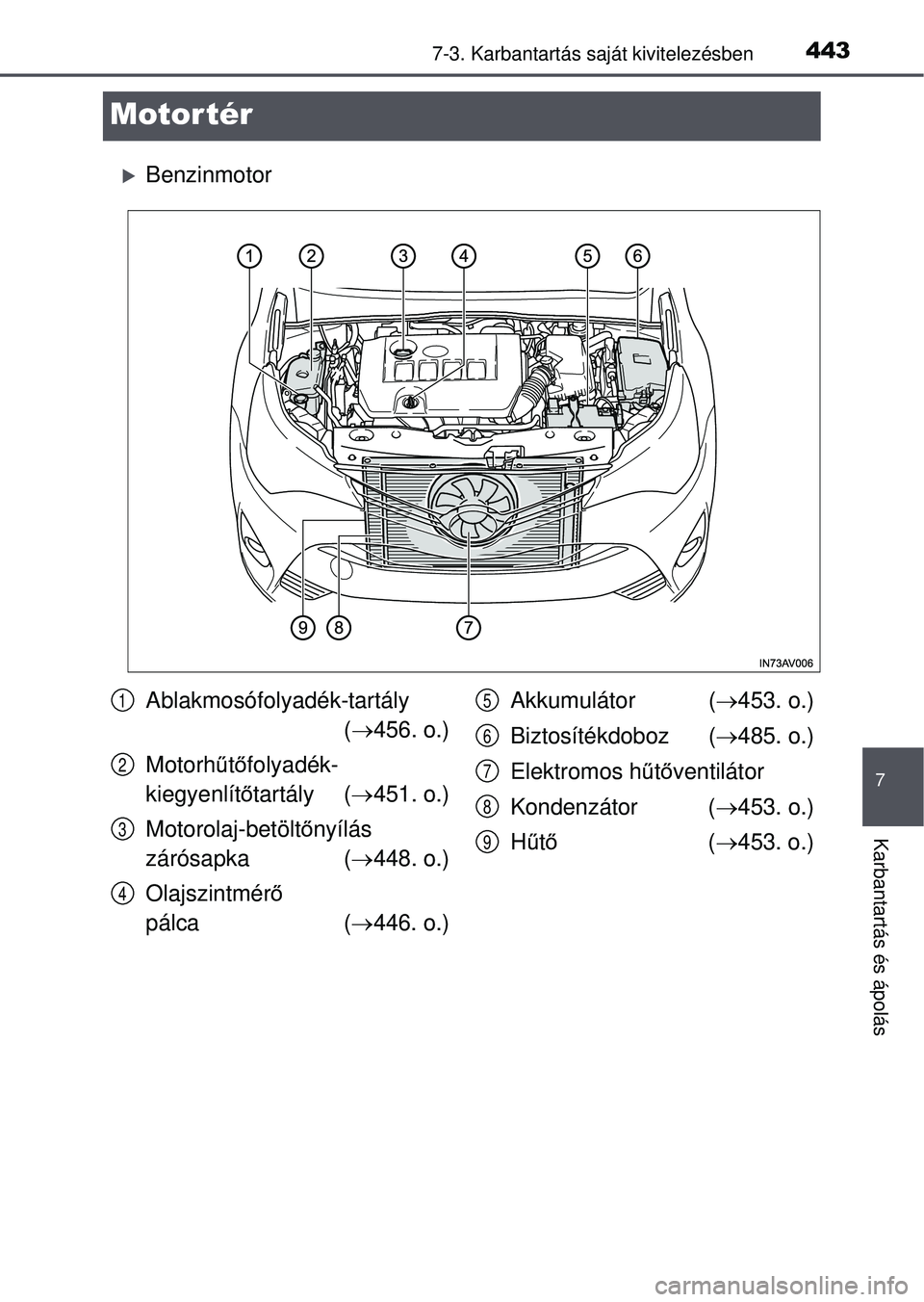 TOYOTA AVENSIS 2016  Kezelési útmutató (in Hungarian) 4437-3. Karbantartás saját kivitelezésben
7
Karbantartás és ápolás
Motor tér
Benzinmotor
Ablakmosófolyadék-tartály
( 456. o.)
Motorh űtő folyadék-
kiegyenlít őtartály ( 451. 