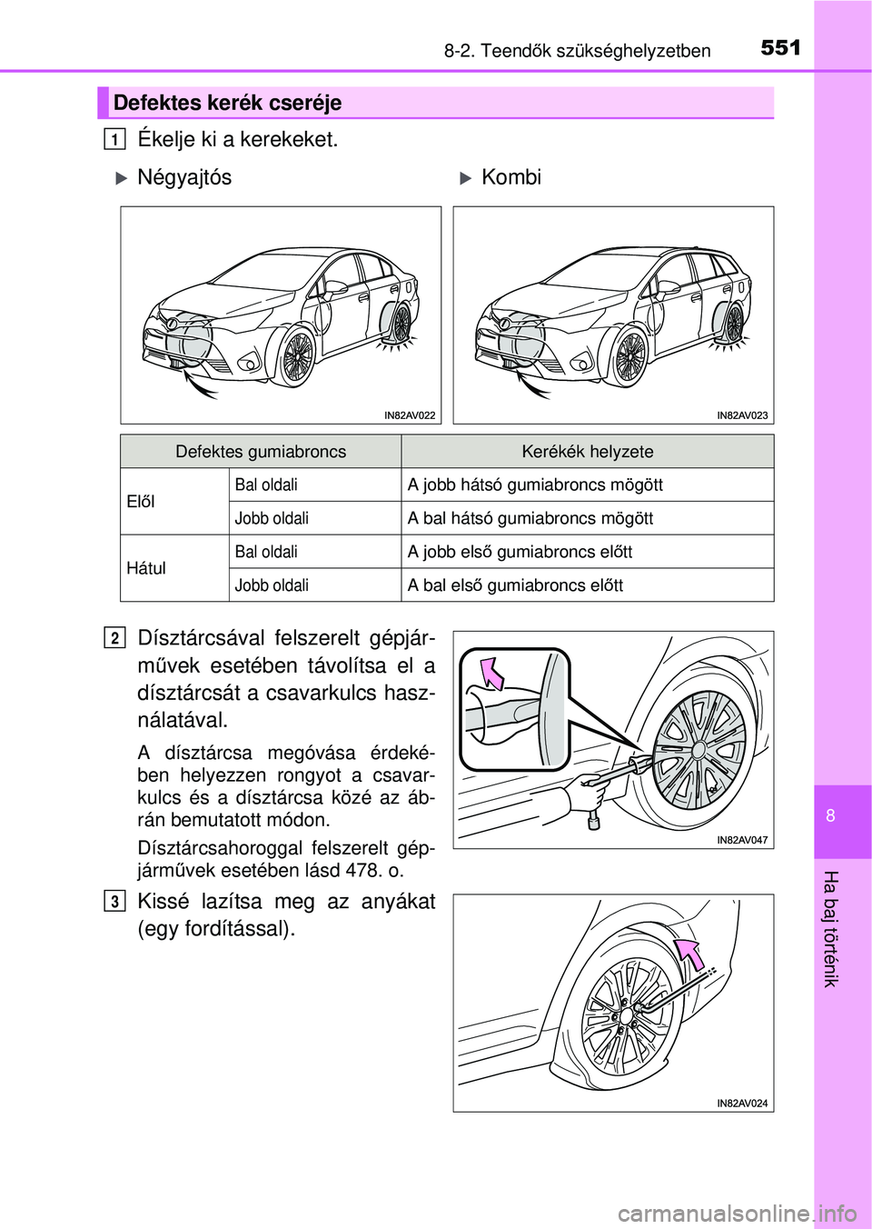TOYOTA AVENSIS 2016 Kezelési útmutató (in Hungarian) 5518-2. Teendők szükséghelyzetben
8
Ha baj történik
Ékelje ki a kerekeket.
Dísztárcsával felszerelt gépjár-
m űvek esetében távolítsa el a
dísztárcsát a csavarkulcs hasz-
nálatával TOYOTA AVENSIS 2016 Kezelési útmutató (in Hungarian) 5518-2. Teendők szükséghelyzetben
8
Ha baj történik
Ékelje ki a kerekeket.
Dísztárcsával felszerelt gépjár-
m űvek esetében távolítsa el a
dísztárcsát a csavarkulcs hasz-
nálatával
