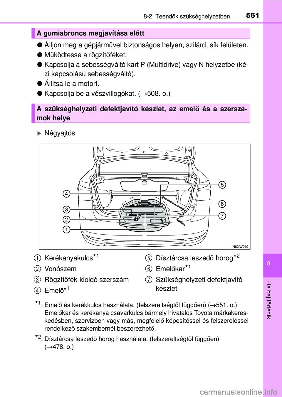 TOYOTA AVENSIS 2016 Kezelési útmutató (in Hungarian) 5618-2. Teendők szükséghelyzetben
8
Ha baj történik
Álljon meg a gépjárm űvel biztonságos helyen, szilárd, sík felületen.
Működtesse a rögzít őféket.
Kapcsolja a sebess TOYOTA AVENSIS 2016 Kezelési útmutató (in Hungarian) 5618-2. Teendők szükséghelyzetben
8
Ha baj történik
Álljon meg a gépjárm űvel biztonságos helyen, szilárd, sík felületen.
Működtesse a rögzít őféket.
Kapcsolja a sebess