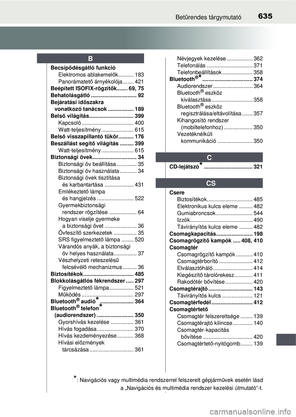 TOYOTA AVENSIS 2016 Kezelési útmutató (in Hungarian) 635Betűrendes tárgymutató
Becsíp ődésgátló funkció
Elektromos ablakemel ők.......... 183
Panorámatet ő árnyékolója ....... 421
Beépített ISOFIX-rögzítő k....... 69, 75
Behatolásg TOYOTA AVENSIS 2016 Kezelési útmutató (in Hungarian) 635Betűrendes tárgymutató
Becsíp ődésgátló funkció
Elektromos ablakemel ők.......... 183
Panorámatet ő árnyékolója ....... 421
Beépített ISOFIX-rögzítő k....... 69, 75
Behatolásg
