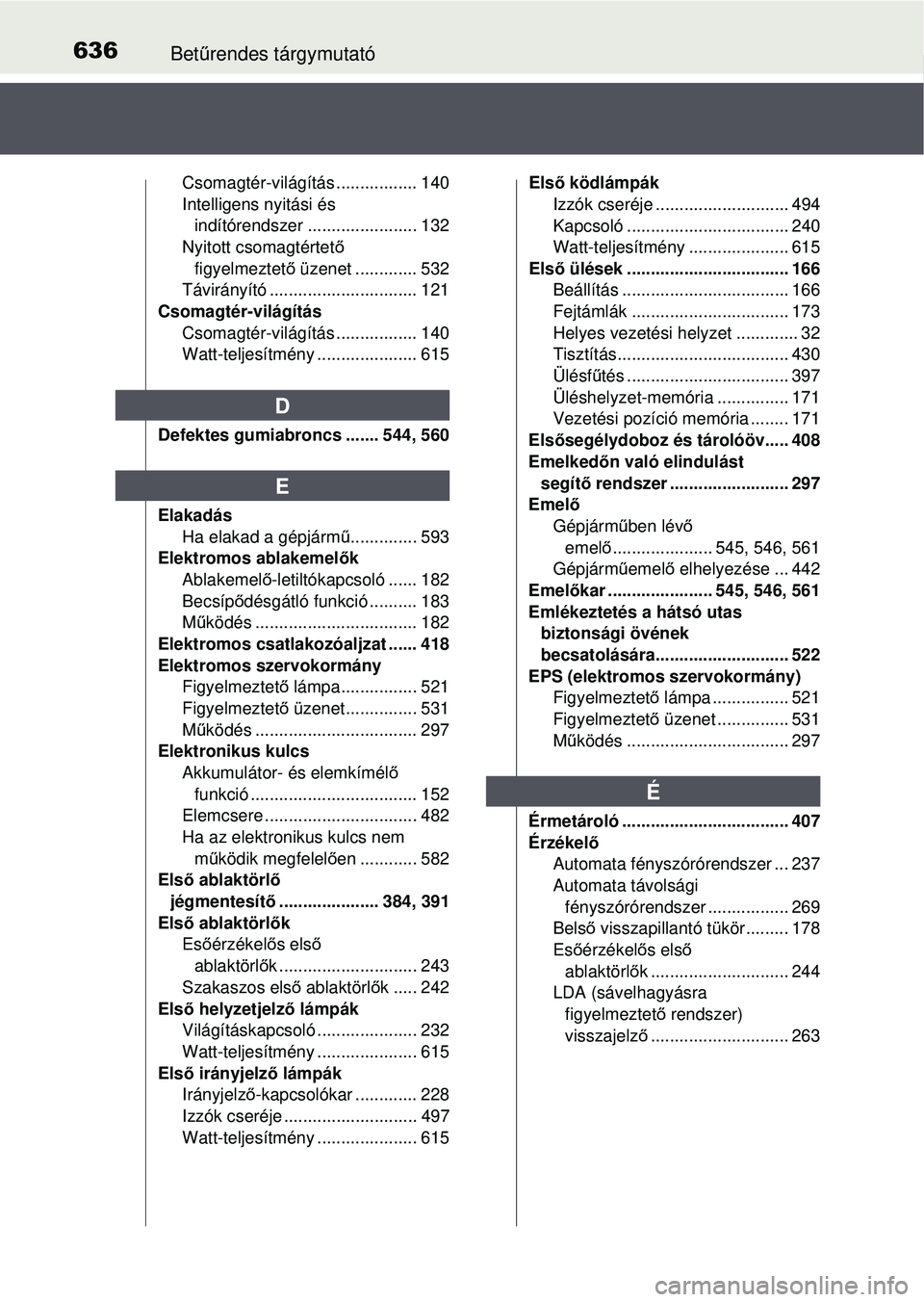 TOYOTA AVENSIS 2016 Kezelési útmutató (in Hungarian) 636Betűrendes tárgymutató
Csomagtér-világítás ................. 140
Intelligens nyitási és
indítórendszer ....................... 132
Nyitott csomagtértet ő
figyelmeztet ő üzenet .... TOYOTA AVENSIS 2016 Kezelési útmutató (in Hungarian) 636Betűrendes tárgymutató
Csomagtér-világítás ................. 140
Intelligens nyitási és
indítórendszer ....................... 132
Nyitott csomagtértet ő
figyelmeztet ő üzenet ....