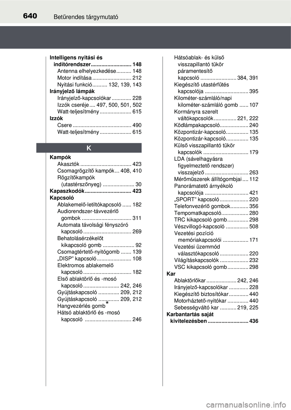 TOYOTA AVENSIS 2016 Kezelési útmutató (in Hungarian) 640Betűrendes tárgymutató
Intelligens nyitási és
indítórendszer........................... 148Antenna elhelyezkedése.......... 148
Motor indítása .......................... 212
Nyitási fun TOYOTA AVENSIS 2016 Kezelési útmutató (in Hungarian) 640Betűrendes tárgymutató
Intelligens nyitási és
indítórendszer........................... 148Antenna elhelyezkedése.......... 148
Motor indítása .......................... 212
Nyitási fun