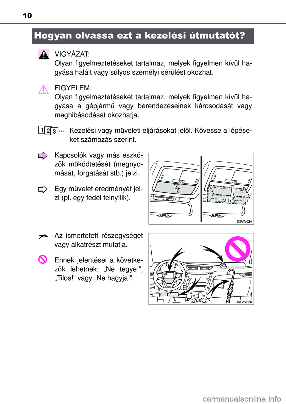 TOYOTA AVENSIS 2016  Kezelési útmutató (in Hungarian) 10
Hogyan olvassa ezt a kezelési útmutatót?
VIGYÁZAT: 
Olyan figyelmeztetéseket tartalmaz, melyek figyelmen kívül ha-
gyása halált vagy súlyos személyi sérülést okozhat.\
FIGYELEM: 
Oly