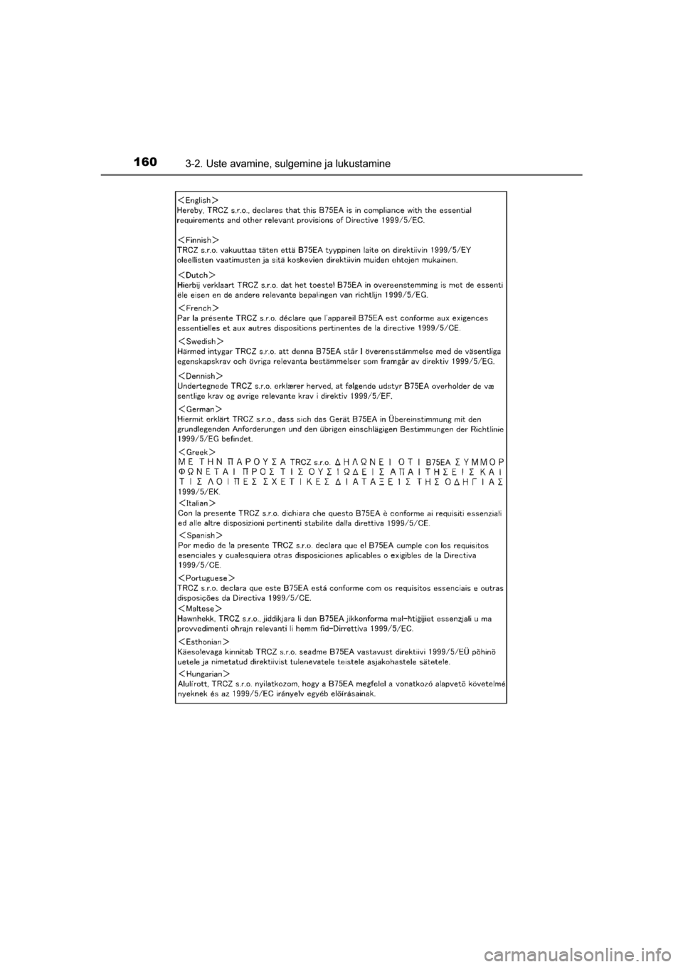 TOYOTA AVENSIS 2016  Kasutusjuhend (in Estonian) 
1603-2. Uste avamine, sulgemine ja lukustamine
AVENSIS_OM_OM20C20E_(EE)
AVENSIS_OM_OM20C20E_(EE).book  Page 160  Sunday, March 27, 2016  7:59 PM 
