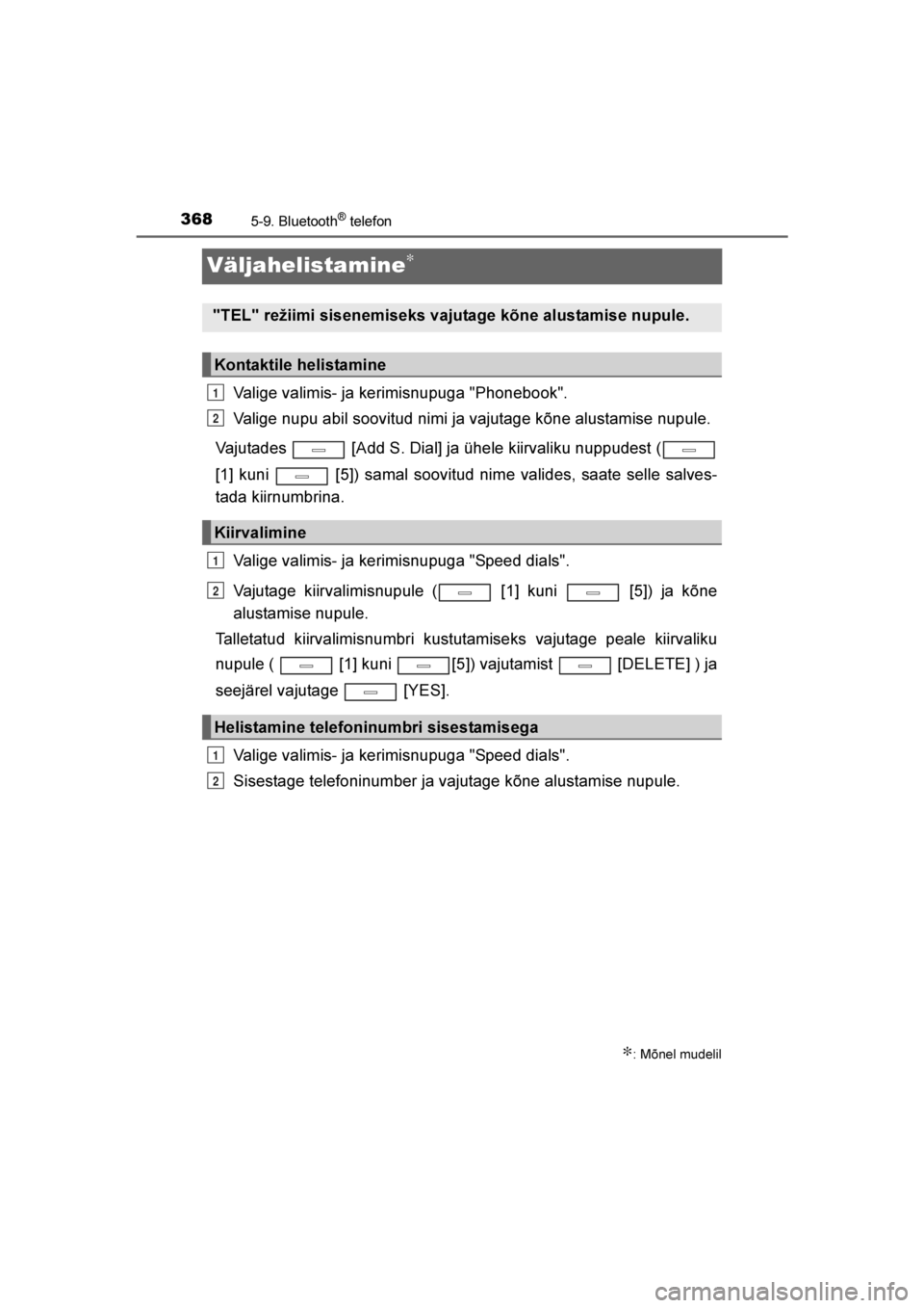 TOYOTA AVENSIS 2016  Kasutusjuhend (in Estonian) 
3685-9. Bluetooth® telefon
AVENSIS_OM_OM20C20E_(EE)
Väljahelistamine∗
Valige valimis- ja kerimisnupuga "Phonebook".
Valige nupu abil soovitud nimi ja vajutage kõne alustamise nupule.
Vajutades  