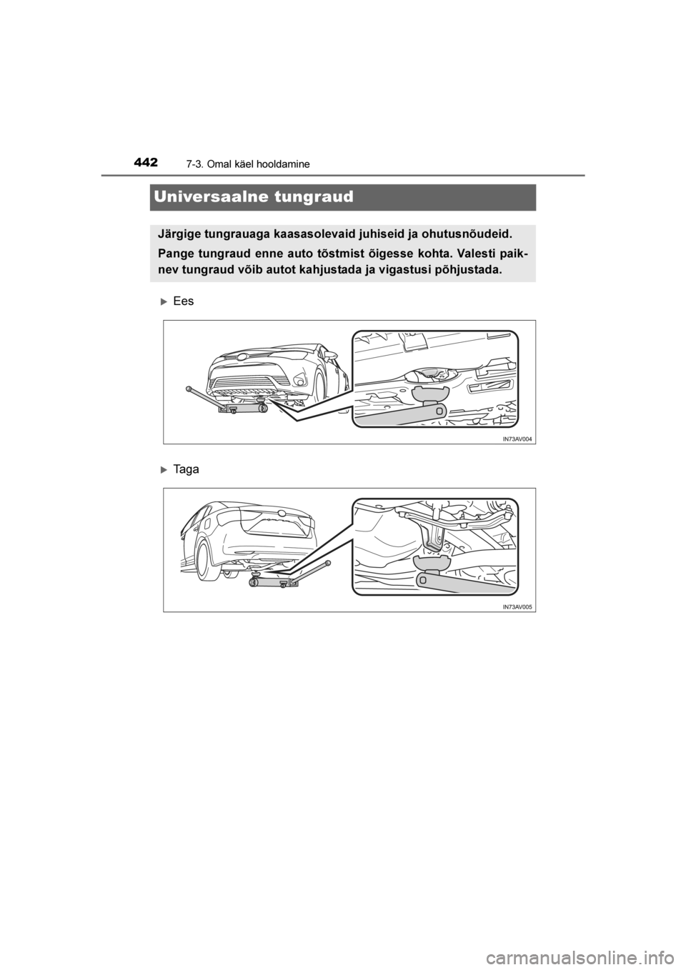 TOYOTA AVENSIS 2016  Kasutusjuhend (in Estonian) 
4427-3. Omal käel hooldamine
AVENSIS_OM_OM20C20E_(EE)
Universaalne tungraud
Ees
Ta g a
Järgige tungrauaga kaasasolevaid juhiseid ja ohutusnõudeid.
Pange tungraud enne auto tõstmist õigesse koh