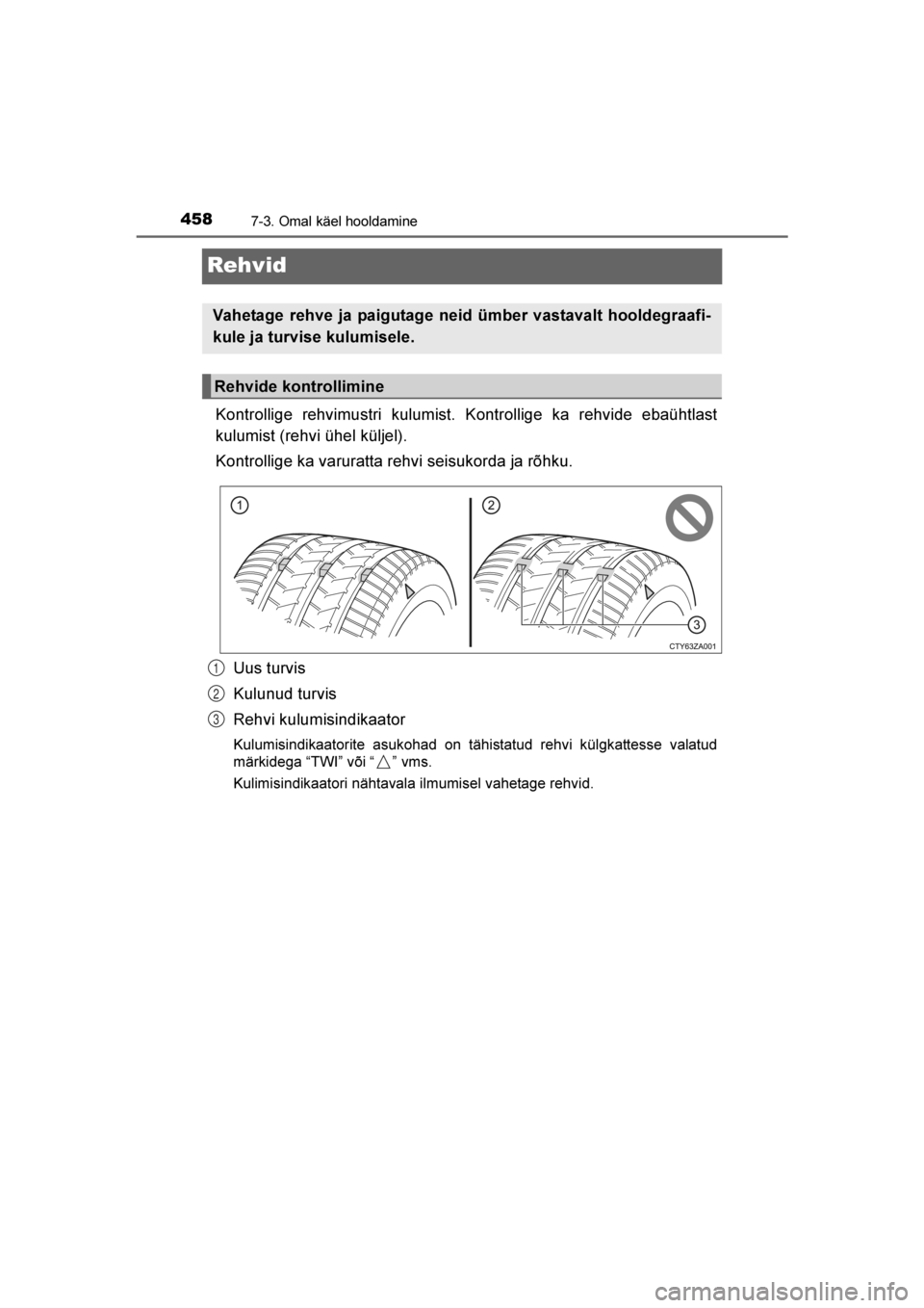 TOYOTA AVENSIS 2016  Kasutusjuhend (in Estonian) 
4587-3. Omal käel hooldamine
AVENSIS_OM_OM20C20E_(EE)
Rehvid
Kontrollige rehvimustri kulumist. Kontrollige ka rehvide ebaühtlast
kulumist (rehvi ühel küljel).
Kontrollige ka varuratta rehvi seisu