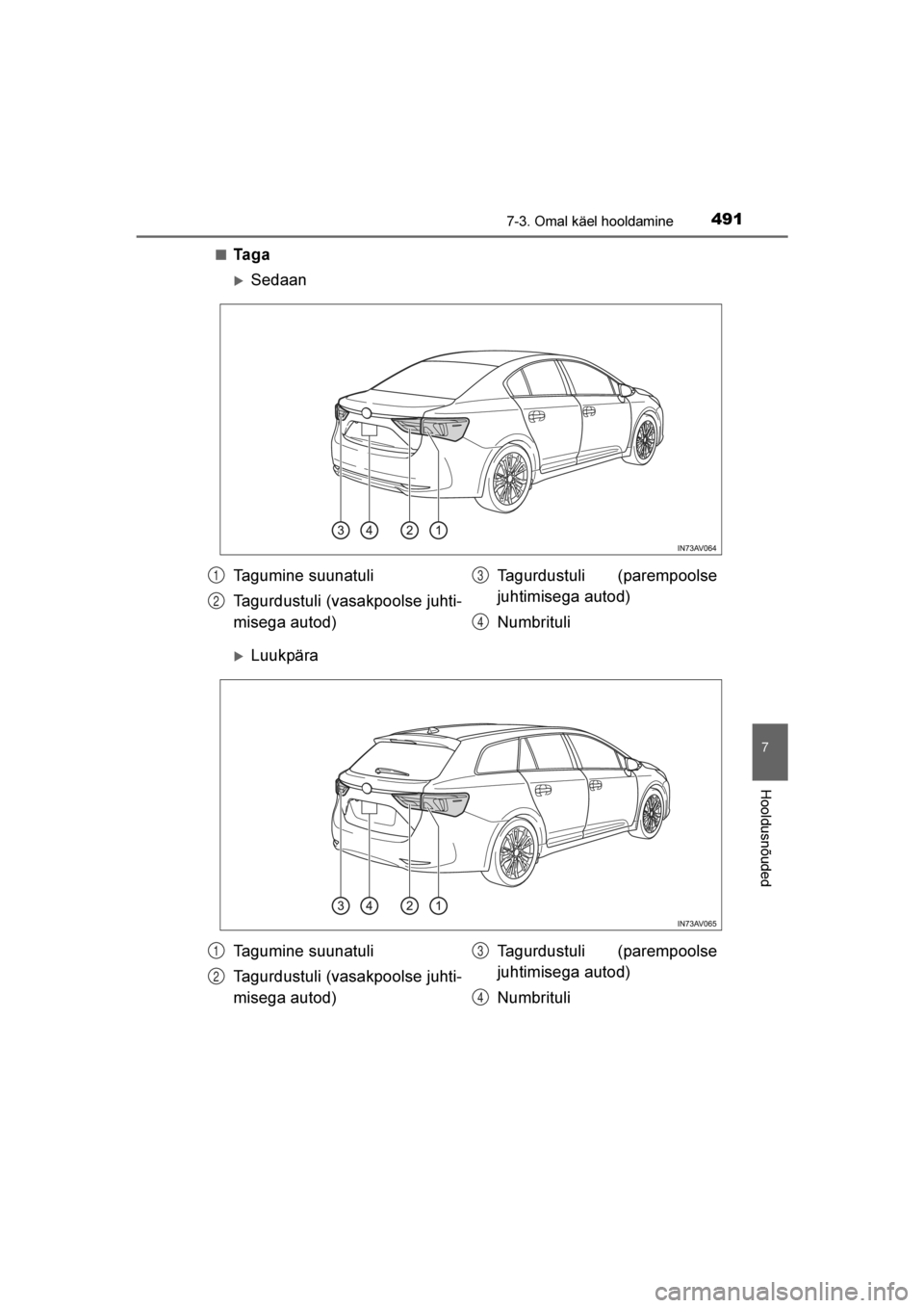 TOYOTA AVENSIS 2016  Kasutusjuhend (in Estonian) 
4917-3. Omal käel hooldamine
AVENSIS_OM_OM20C20E_(EE)
7
Hooldusnõuded
■Ta g a
Sedaan
Luukpära
Tagumine suunatuli
Tagurdustuli (vasakpoolse juhti-
misega autod)Tagurdustuli (parempoolse
juhtimi