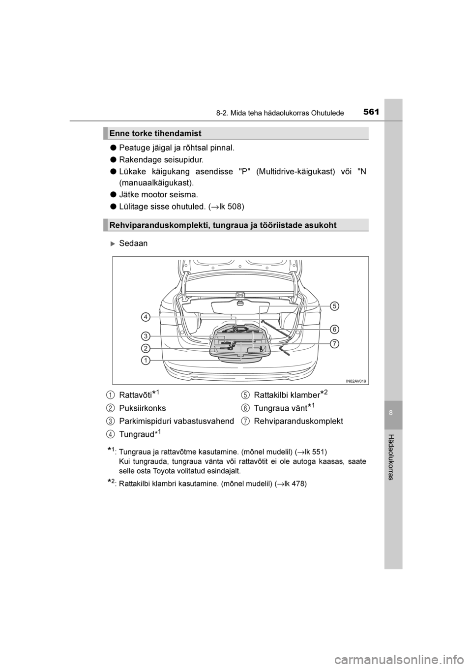 TOYOTA AVENSIS 2016  Kasutusjuhend (in Estonian) 
5618-2. Mida teha hädaolukorras Ohutulede
AVENSIS_OM_OM20C20E_(EE)
8
Hädaolukorras
●Peatuge jäigal ja rõhtsal pinnal.
● Rakendage seisupidur.
● Lükake käigukang asendisse "P" (Multidrive-