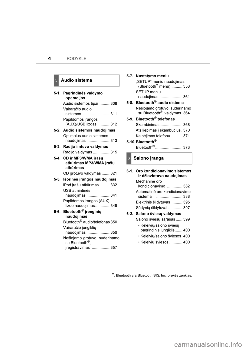 TOYOTA AVENSIS 2016  Eksploatavimo vadovas (in Lithuanian) 
RODYKLĖ4
AVENSIS_OM_OM20C20E_(LT)5-1. Pagrindinės valdymo 
operacijos
Audio sistemos tipai ...........308
Vairara\bio audio  sistemos .........................311
Papildomos įrangos  (AUX)/USB liz