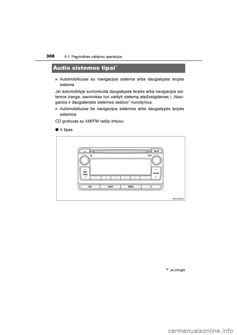 TOYOTA AVENSIS 2016  Eksploatavimo vadovas (in Lithuanian) 
3085-1. Pagrindinės valdymo operacijos
AVENSIS_OM_OM20C20E_(LT)
Audio sistemos tipai∗
Automobiliuose su navigacijos sistema arba daugialypės terpės
sistema
Jei automobilyje sumontuota daugialyp