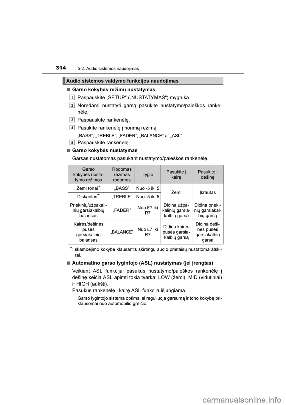 TOYOTA AVENSIS 2016  Eksploatavimo vadovas (in Lithuanian) 
3145-2. Audio sistemos naudojimas
AVENSIS_OM_OM20C20E_(LT)■
Garso kokybės režimų nustatymas
Paspauskite „SETUP“ („NUSTATYMAS“) mygtuk\b.
Norėdami nustatyti gars\b pasukite nustatymo/pai