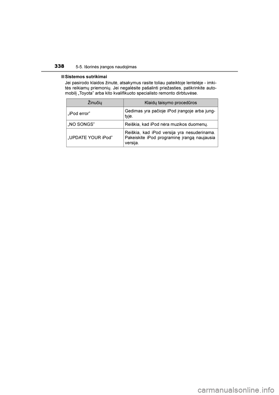 TOYOTA AVENSIS 2016  Eksploatavimo vadovas (in Lithuanian) 
3385-5. Išorinės įrangos naudojimas
AVENSIS_OM_OM20C20E_(LT)■
Sistemos sutrikimai
Jei pasirodo klaidos žinutė, atsakymus rasite toliau pateiktoje lentelėje - imki-
tės reikiamų priemonių. 