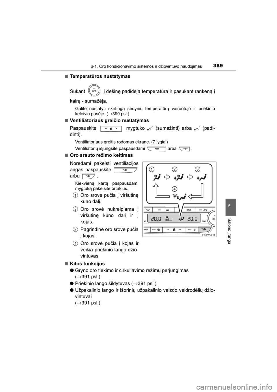 TOYOTA AVENSIS 2016  Eksploatavimo vadovas (in Lithuanian) 
3896-1. Oro kondicionavimo sistemos ir džiovintuvo naudojimas
AVENSIS_OM_OM20C20E_(LT)
6
Salono įranga
■Temperatūros nustatymas
Sukant   į dešinę padidėja temperatūra ir pasukant ranken\b 