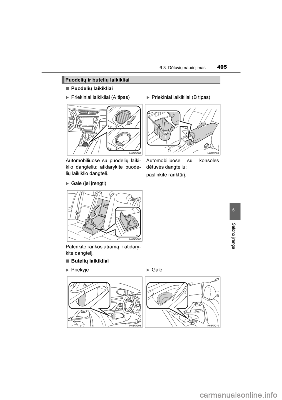 TOYOTA AVENSIS 2016  Eksploatavimo vadovas (in Lithuanian) 
4056-3. Dėtuvių naudojimas
AVENSIS_OM_OM20C20E_(LT)
6
Salono įranga
■Puodelių laikikliai
■Butelių laikikliai
Puodelių ir butelių laikikliai
Priekiniai laikikliai (A tipas)Priekiniai laik