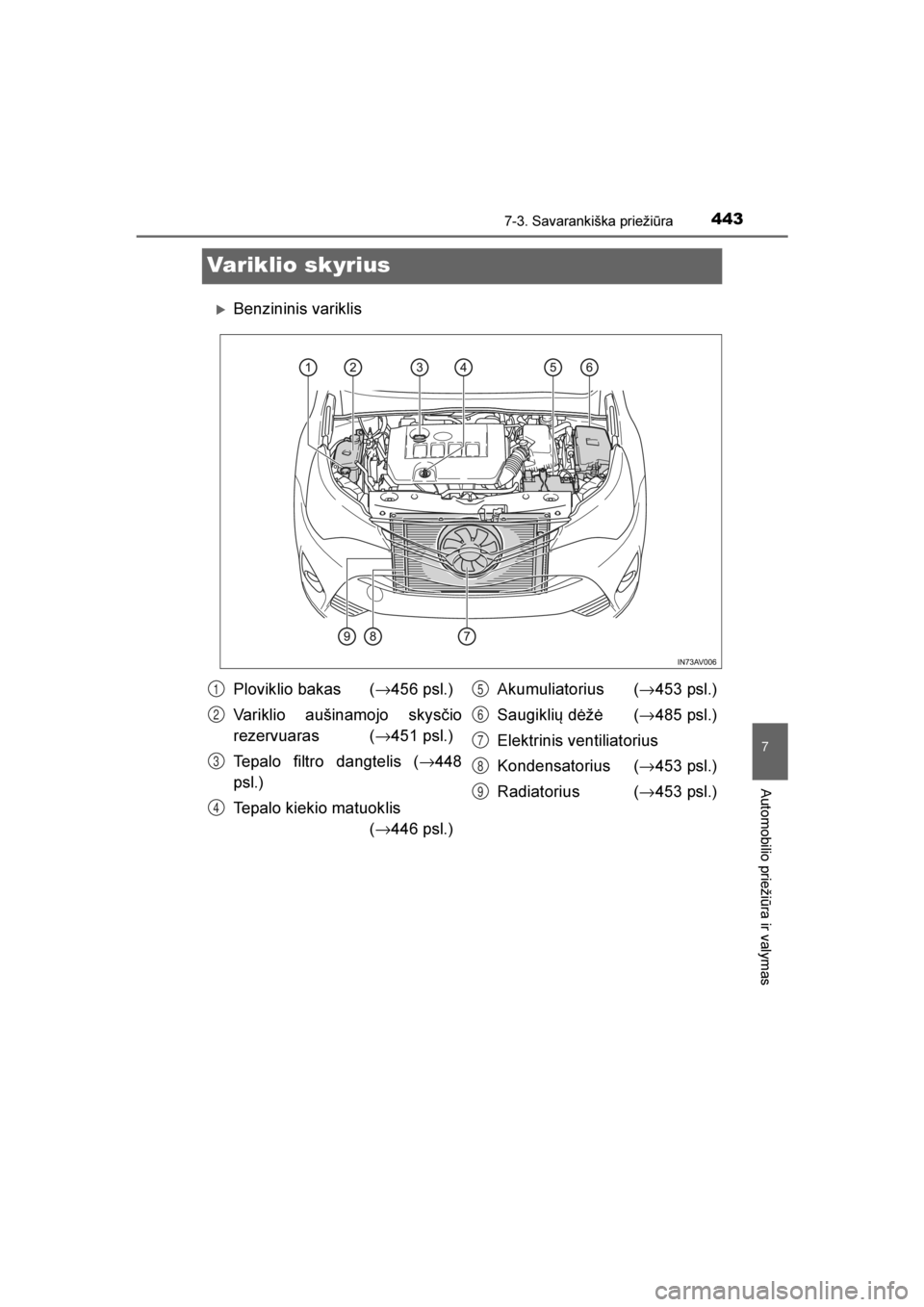 TOYOTA AVENSIS 2016  Eksploatavimo vadovas (in Lithuanian) 
4437-3. Savarankiška priežiūra
AVENSIS_OM_OM20C20E_(LT)
7
Automobilio priežiūra ir valymas
Variklio skyrius
Benzininis variklis
Ploviklio bakas (→456 psl.)
Variklio aušinamojo skysčio
rezer