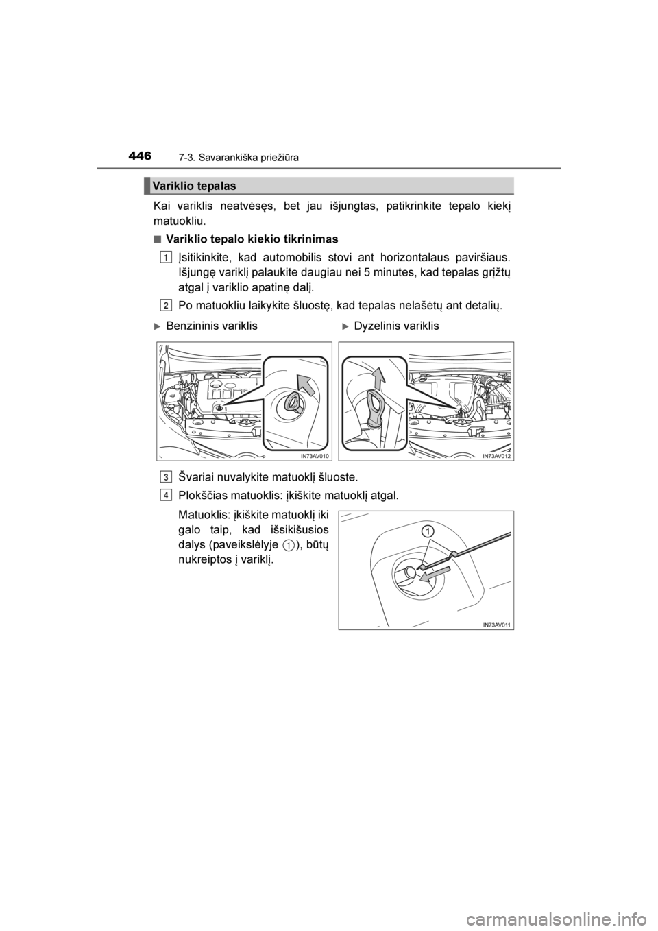 TOYOTA AVENSIS 2016  Eksploatavimo vadovas (in Lithuanian) 
4467-3. Savarankiška priežiūra
AVENSIS_OM_OM20C20E_(LT)
Kai variklis neatvėsęs, bet jau išjungtas, patikrinkite tepalo kiekį
matuokliu.
■Variklio tepalo kiekio tikrinimasĮsitikinkite, kad a