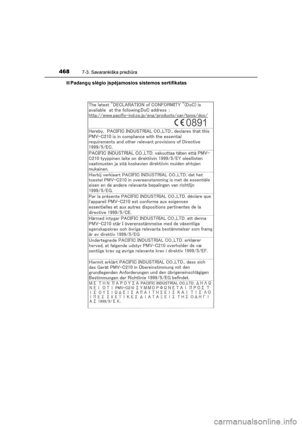 TOYOTA AVENSIS 2016  Eksploatavimo vadovas (in Lithuanian) 
4687-3. Savarankiška priežiūra
AVENSIS_OM_OM20C20E_(LT)■
Padangų slėgio įspėjamosios sistemos sertifikatas
AVENSIS_OM_OM20C20E_(LT).book  Page  468  Sunday, March 27, 2016  8:43 PM 